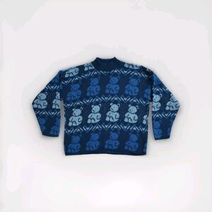 Vtg Separate Issue Sweater Womens Large Blue White Mock Neck Teddy Bear Print